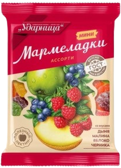 «Ударница» Мармелад Ассорти со вкусами Дыни, Малины, Яблока, Черники 275гр*12шт
