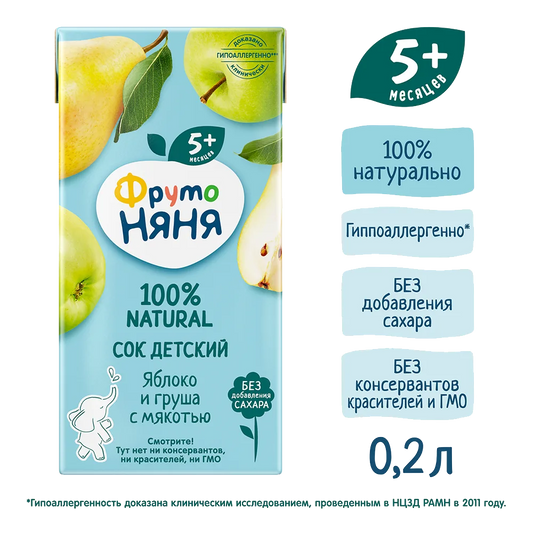 Фруто Няня сок *Яблоко-Груша с мякотью *200г.18шт.