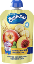 Baby's foods ~ «Бегемотик Бонди» Пюре фруктовое Яблоко, персик, банан, злаки 90гр*12шт