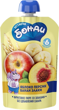 Baby's foods ~ «Бегемотик Бонди» Пюре фруктовое Яблоко, персик, банан, злаки 90гр*12шт