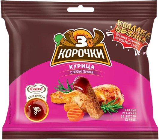 Сухарики «3 Корочки» со вкусом  КУРИЦА СОУС ТЕРЕЯКИ 60Г*/30ШТ