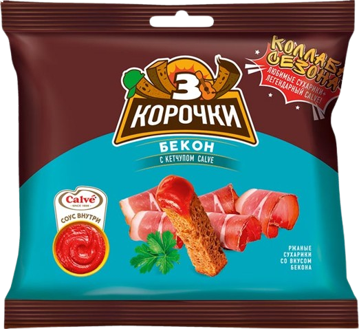 Сухарики «3 Корочки» с соусом со вкусом бекона + кетчуп «Calve» 60гр*30шт (ПС301)